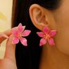 Vibrant Pink Five Petal Flower Stud Earrings Glossy Gradient Floral Decorative Ear Jewelry for Women Dating Wedding Party Wear