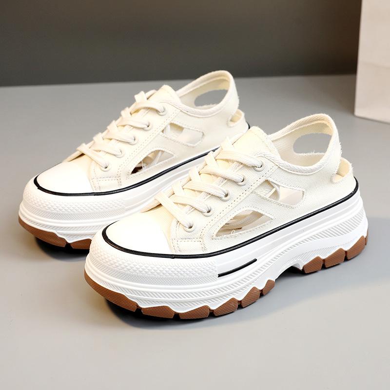 

[Customized] BR312 women s shoes canvas shoes summer trend hollow breathable thick sole heightening campus students versatile 35