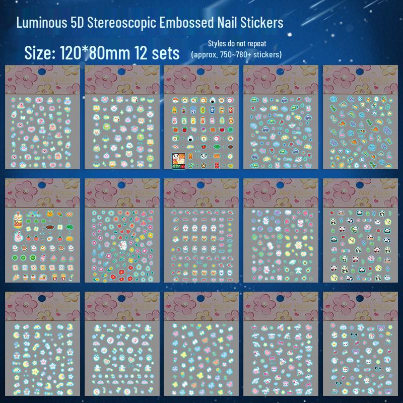 Glow-in-the-Dark 5D Embossed Nail Stickers for Girls - Waterproof, 3D Princess Design