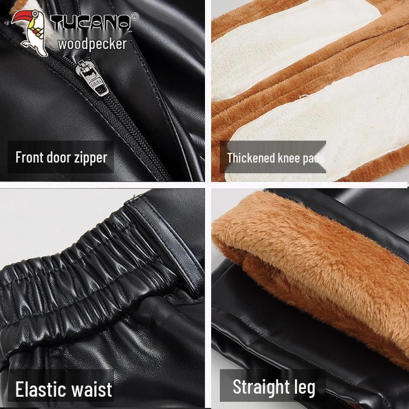 Pantalon de moto en cuir pour homme doublé polaire Pivert avec genouillères et protection de la taille
