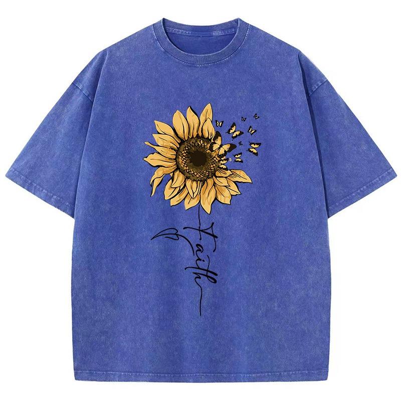 Sonnenblumen- und Schmetterlings-T-Shirt aus gewaschener Baumwolle für Damen, bedruckt, Oberteile, Sommer, O-Ausschnitt, übergroße T-Shirts, Vintage-Kleidung für schwarze Frauen