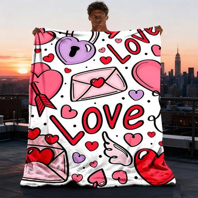 1pc Love, Valentine's Day Outdoor Blanket - Soft Flannel Cozy for Travel & Camping - All-Season Warm Bed Cover, Machine Washable Yy251229086