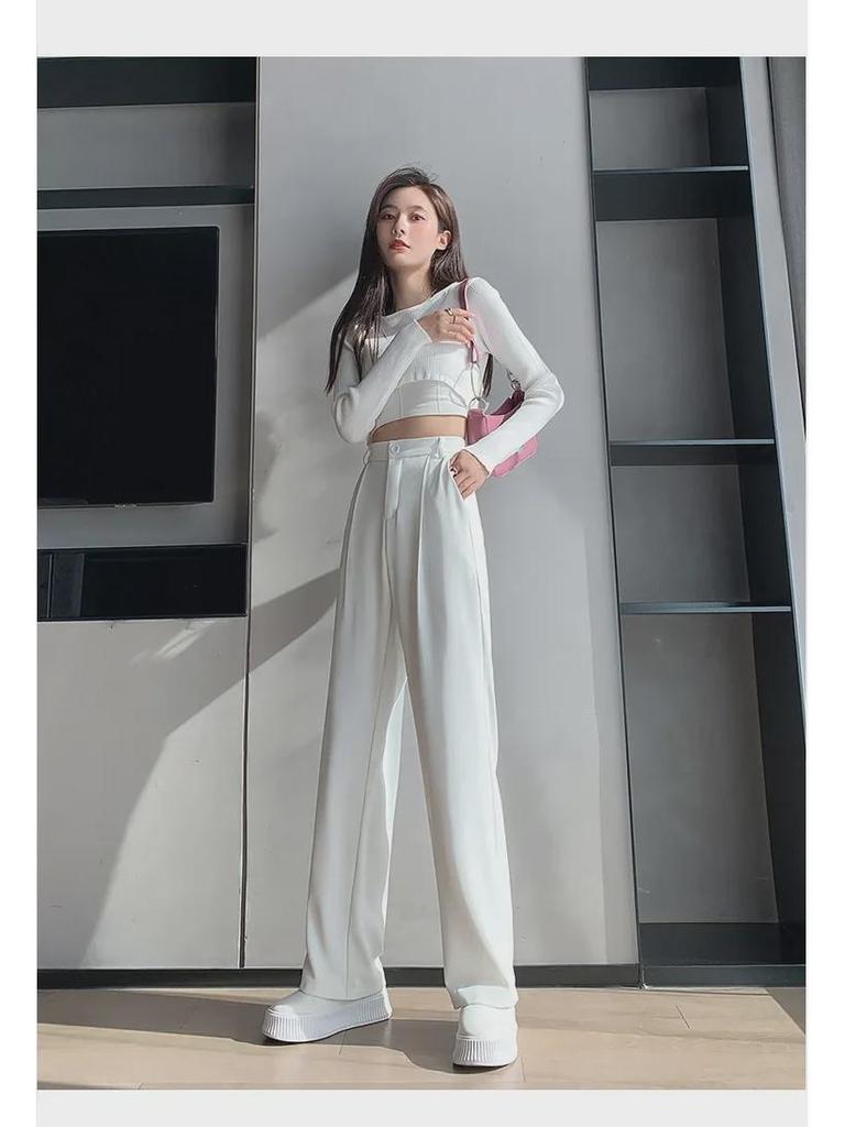 Women's High Waist Wide-Leg White Suit Pants - Spring & Autumn Trend, Lightweight with a Straight Loose Fit