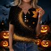 Women's Casual Short Sleeve V-Neck T-Shirt with Leaf Print and Decorative Buttons