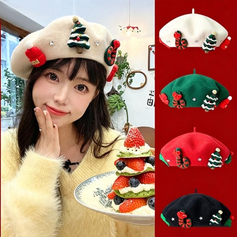 Christmas Beret Hat for Women and Girl, Brimless, Soft Warm Painters Hat, Headwear for Festival, Holiday Photoshoots and Seasonal Party Decoration