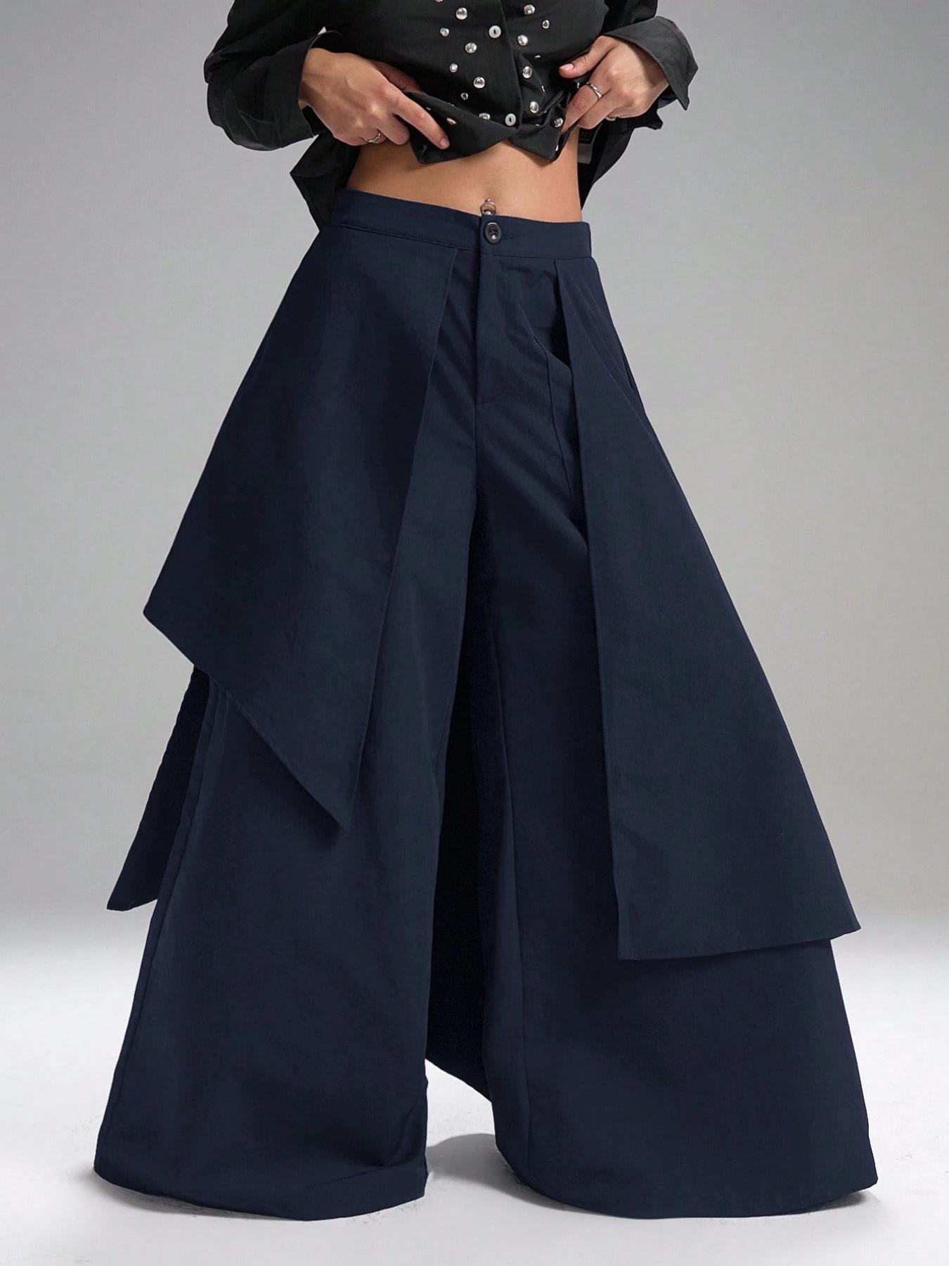 

Black Wide Leg Pants with Asymmetric Draped Detail XL синій