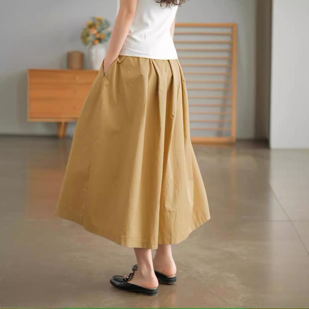 Khaki Ladies's Pants Pure Cotton Casual Loose Elastic Waist Wide Leg Pants Ladies Summer Retro Black Skirt Pants