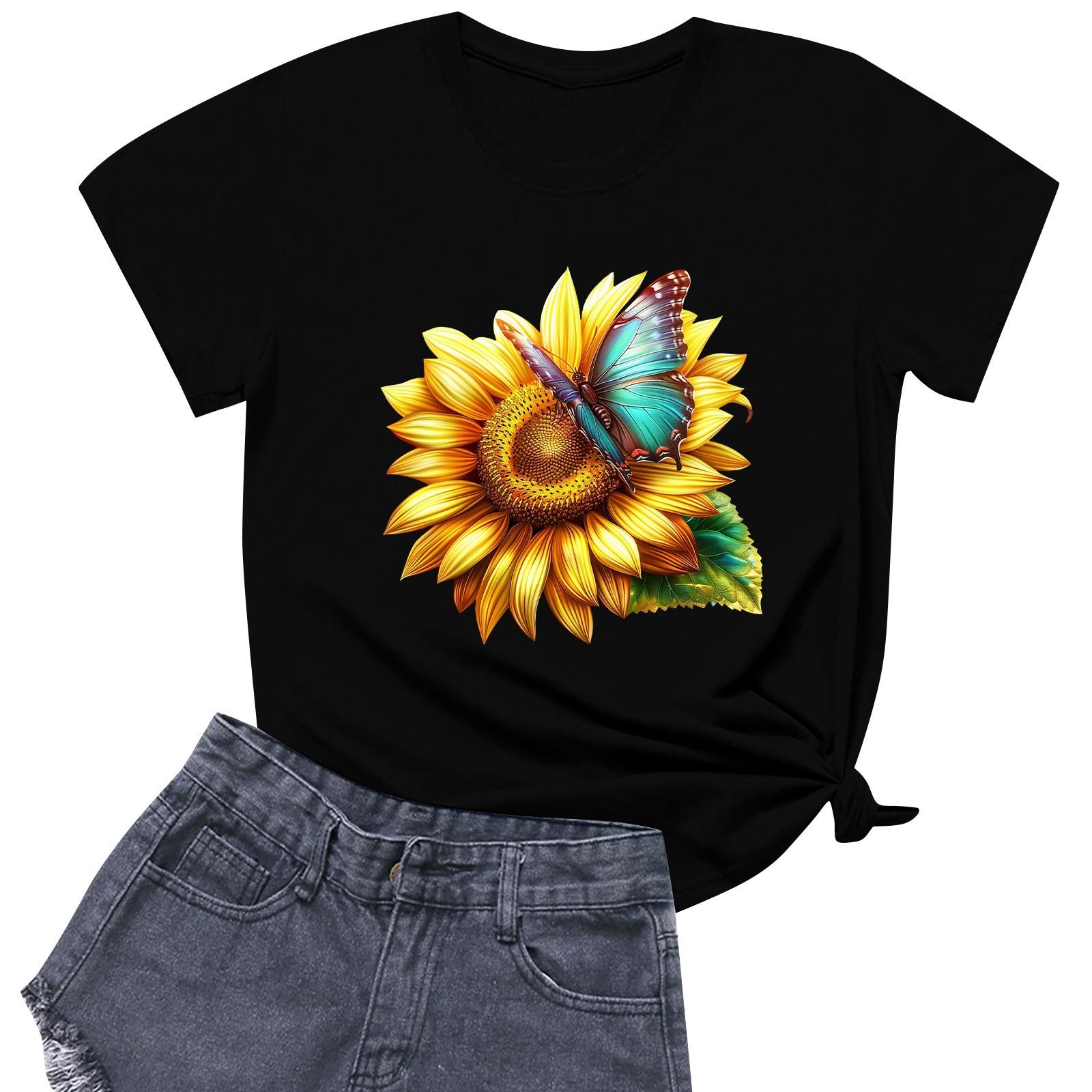 

Women s Fashion Printed Round Neck Short Sleeved Casual T-shirt Top XXL чорний