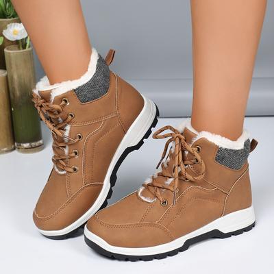 Fashion Thickened Plush Ankle Boots for Women Winter Style Outdoor Lace-up PU Leather Warm Cotton Boots Waterproof and Anti-ski Boots
