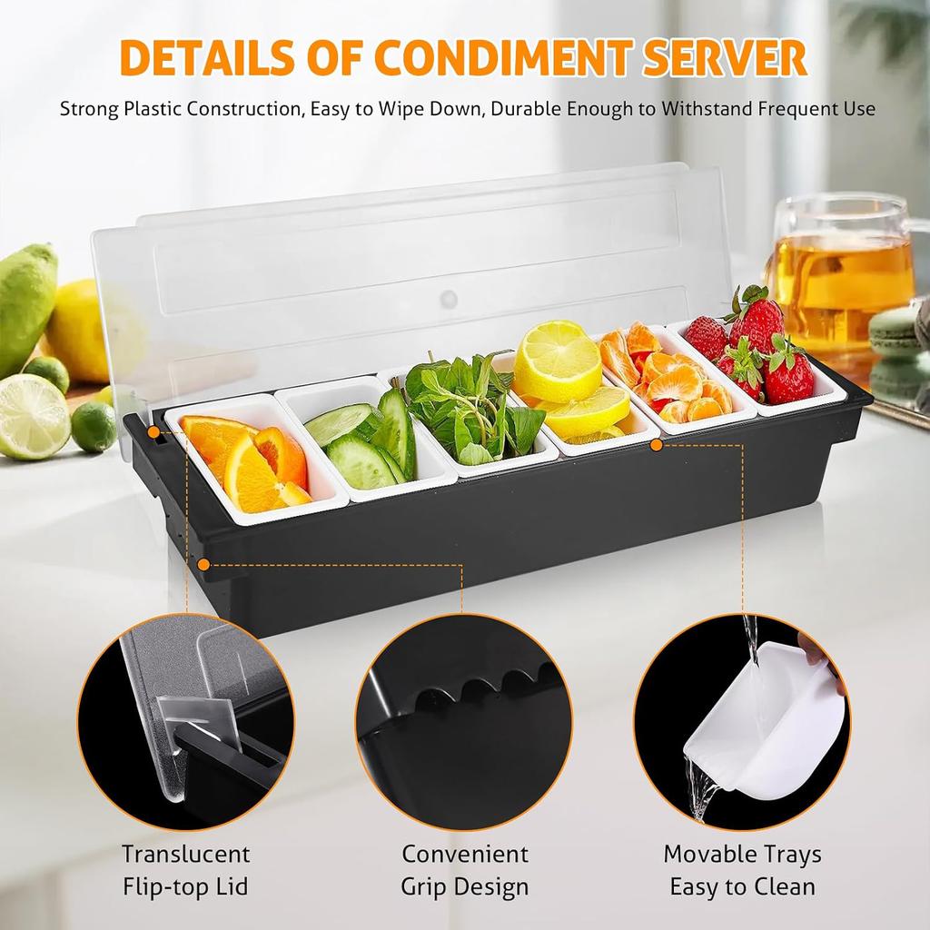 Fruit, Veggie, Condiment Caddy with Lid Dispenser Tray Plastic Garnish Station for Bartending & Serving Taco,Topping Organizer for Restaurant Supplies