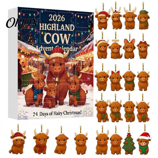 Hochlandkuh Adventskalender Weihnachten mit 24 Acryl-Ornamenten, Festliche Countdown-Box für Zuhause zur Baumaufhängung und Saisonale Dekoration