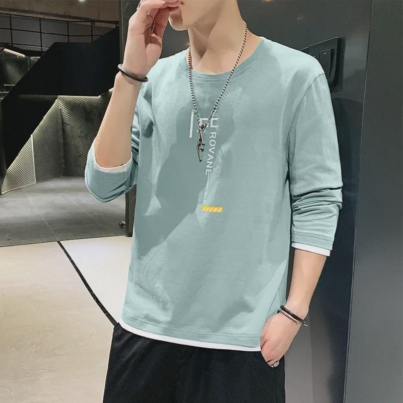 New Men's Slim Fit Long-Sleeved Round Neck T-Shirts - Stylish Korean Autumn Fashion with Lettering