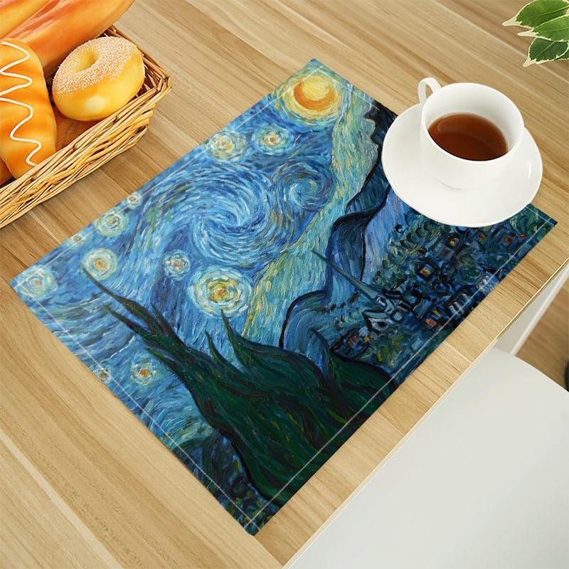Van Gogh The Starry Night Print Linen Dining Table Mats Alphabet Kitchen Placemat 30X45cm Coasters Pads Bowl Cup Mat