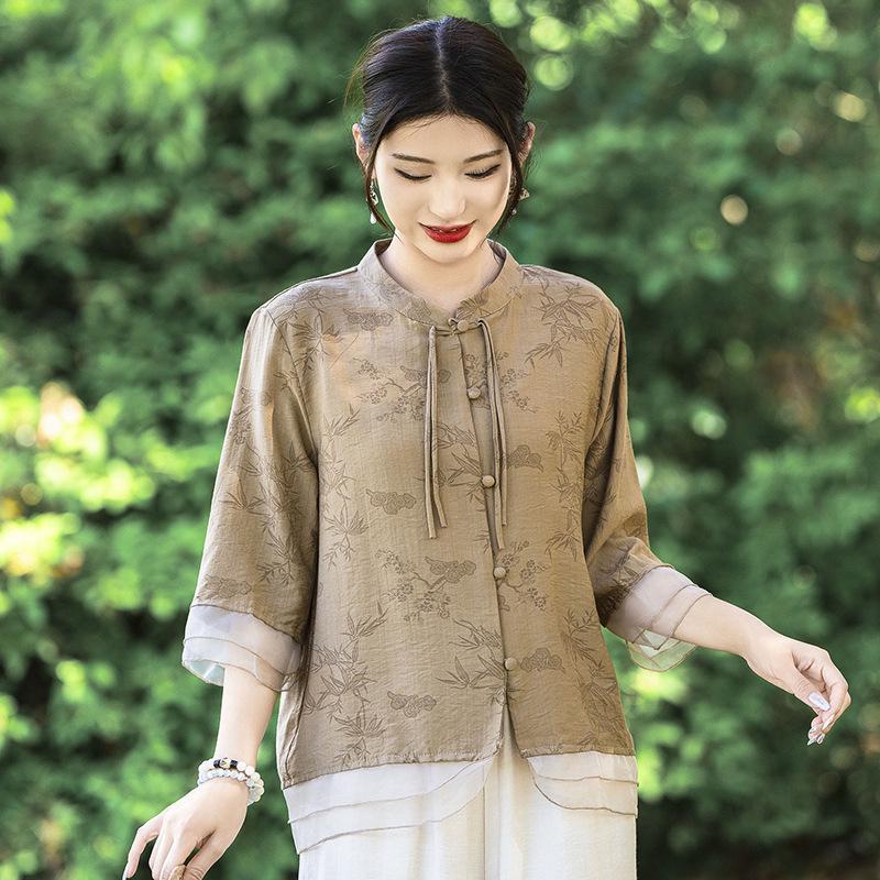 Summer Mid-Sleeve Chinese Style Blouse for Middle-Aged Women - Elegant and Lightweight