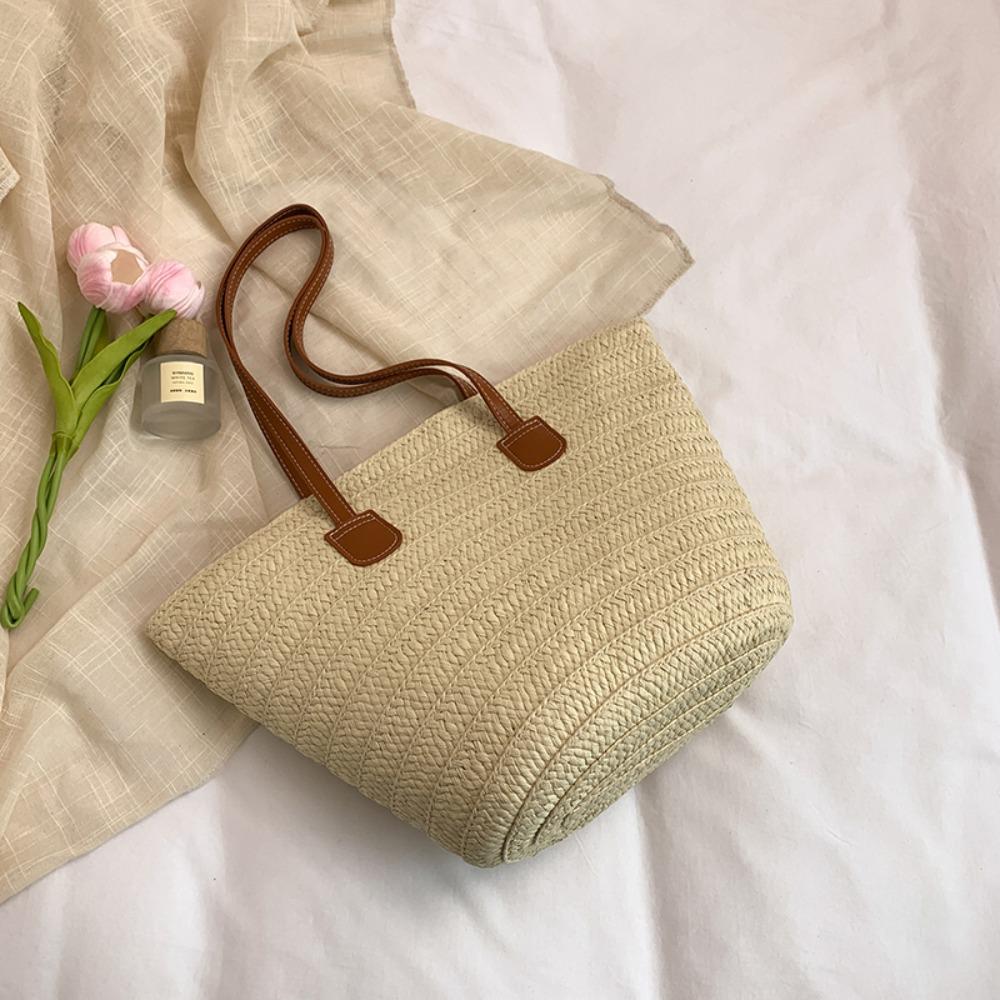 

Beach Basket Shoulder Bag Summer Women s Tote Bag Fashion Straw Weave Bag Handbags бежевый
