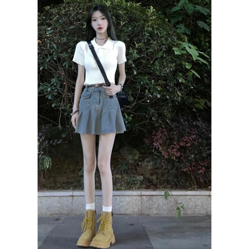 

High Waist Petite Denim A-Line Midi Skirt - Vintage Pleated Style for Women, XS XS (recommended 40-42 kg)