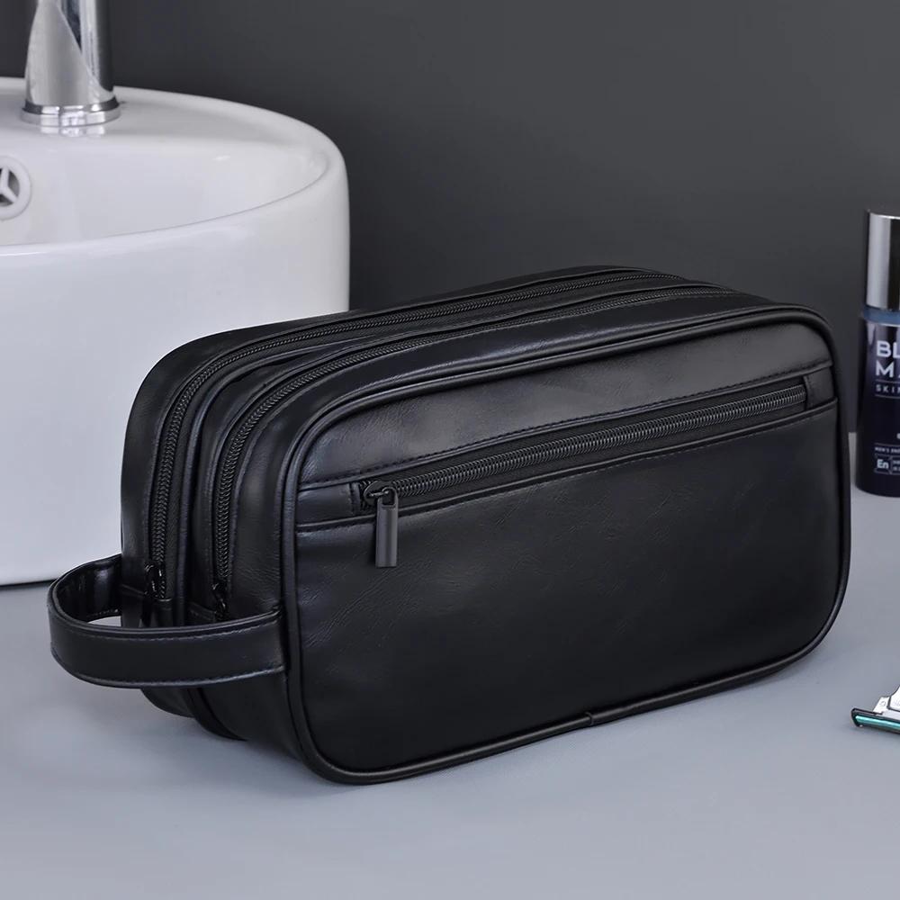 Doppellagige Kulturtasche für Herren PU-Leder Reise Wasch-Organizer Dopp-Kit Wasserabweisend Rasier Kosmetik Tasche Aufbewahrung