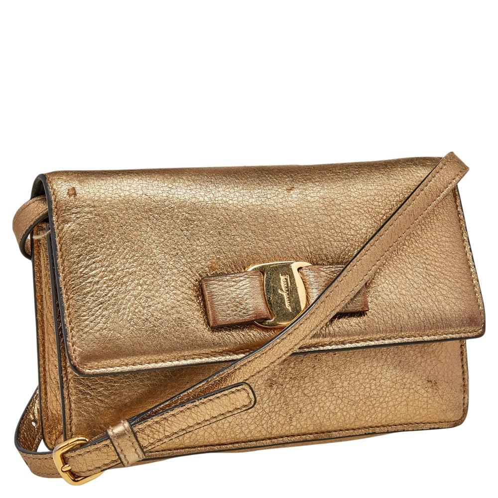 Salvatore Ferragamo Gold Leather Vara Bow Shoulder Bag Gold