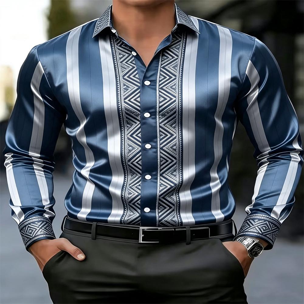 Stripe Satin Men Shirt Geometric Jacquard Slim Long Sleeve Formal Business Dress Top