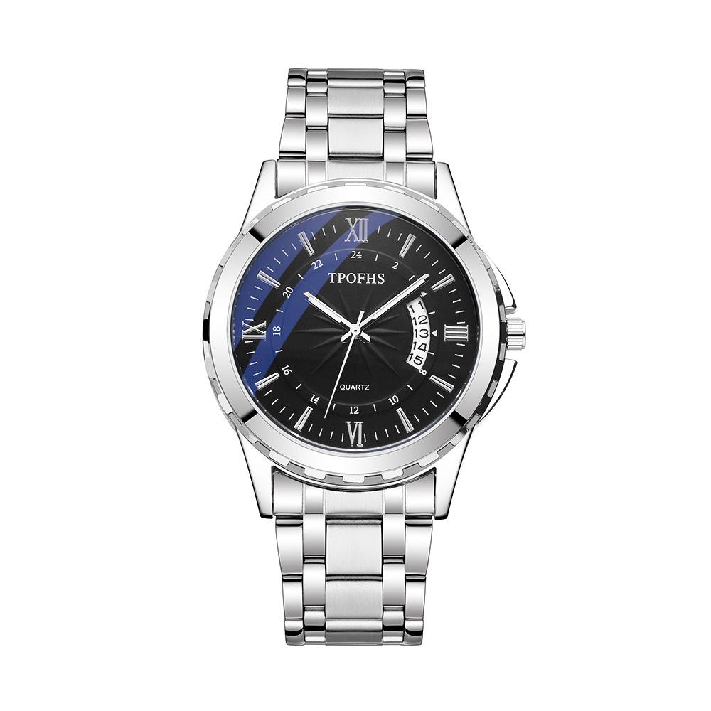 Blue Classic Light Steel Strap Mens Watch Waterproof With Calendar Function Movement Quartz