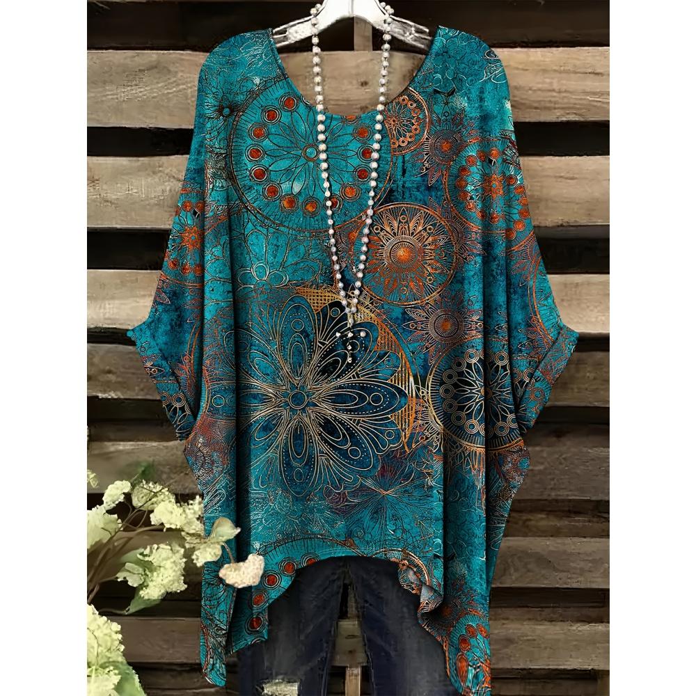 Retro Damen T-Shirt Trendig Ethnisch Boho Bedruckt Sommer O-Ausschnitt Unregelmäßiger Saum Kurzarm Bluse T-Shirt Locker Lässig Pullover