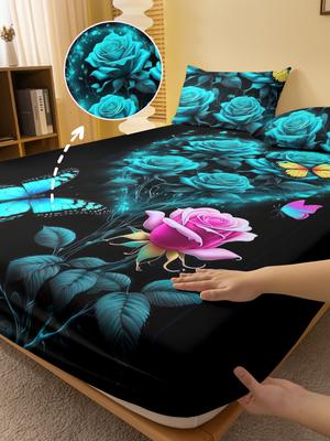 1 Simple Modern Plant Flower Rose Digital Printed Frosted Fitted Sheet,bedroom Printed Bed cover,bedding(No Pillowcase)