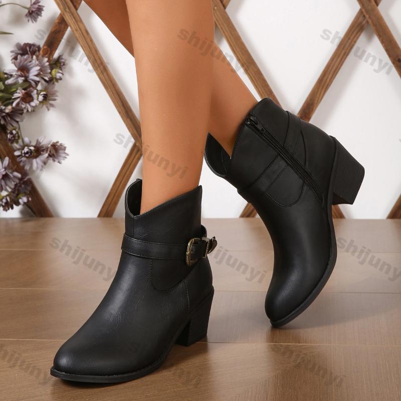 Fashion Fashion Western Cowboy Boots for Women Belt Buckle Chunky Heeled Combat Boots Woman Thick Bottom Side Zipper Faux Suede Botas