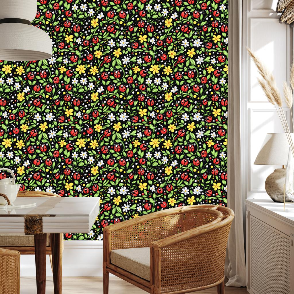 Ladybugs Wallpaper Olive and Yellow for Living Room and Bedroom 50x1000