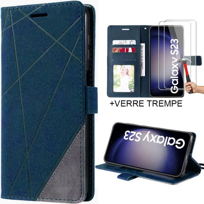 Coque + 2 Verres Trempés pour Samsung Galaxy S23 - Coque Flip Case Effet Cuir Bleu Marine