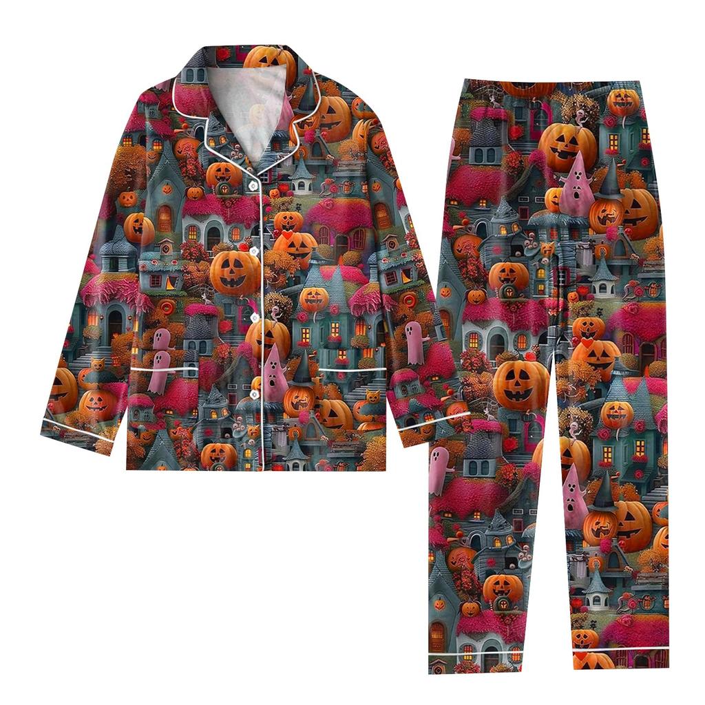 2-teiliger bedruckter Damen-Anzug, langärmelig, Oberteil mit Knopfleiste, weite Hosen, Anzug-Set, Schlafanzug, Home-Casual-Anzug