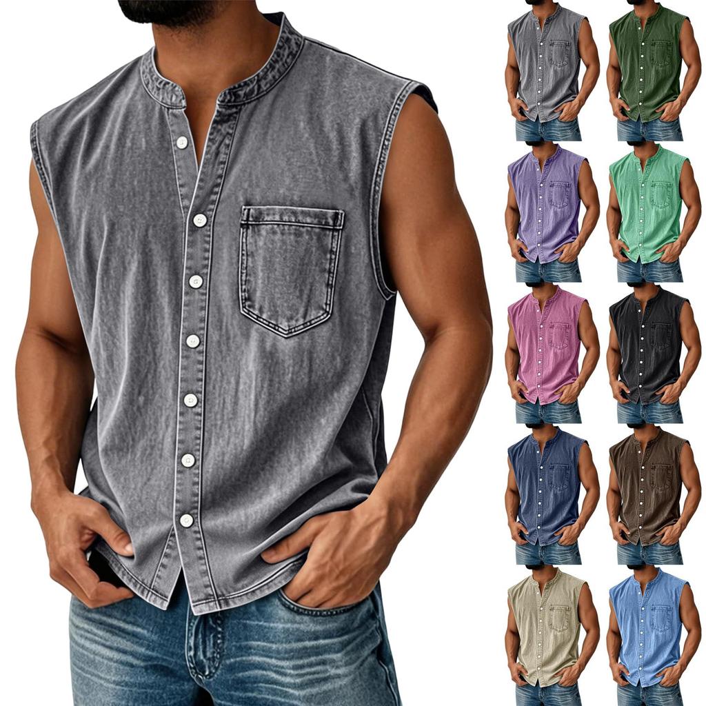 Men's Summer Fashion Distressed Denim Shirt. Men's Casual Sporty Sleeveless Button-down Vest.