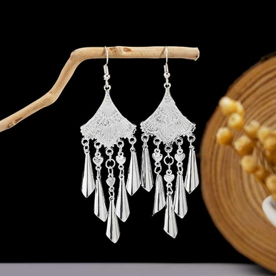Peacock Tassel Earrings with Hollow Leaf Design in Retro Ethnic Style Imitation Silver for Women