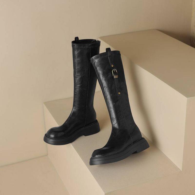 

Корейская версия новых ботфортов с круглым носком, женские ботинки большого размера на толстой подошве, нескользящие кожаные ботинки на среднем каблуке, квадратные и осенние и 39 чёрный