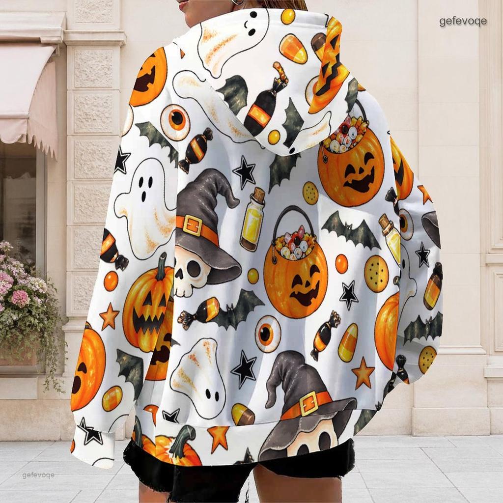 Women Plus Size White Zip Up Hoodie Long Sleeve Halloween Dachshund Printed Drawstring Hood With Pockets