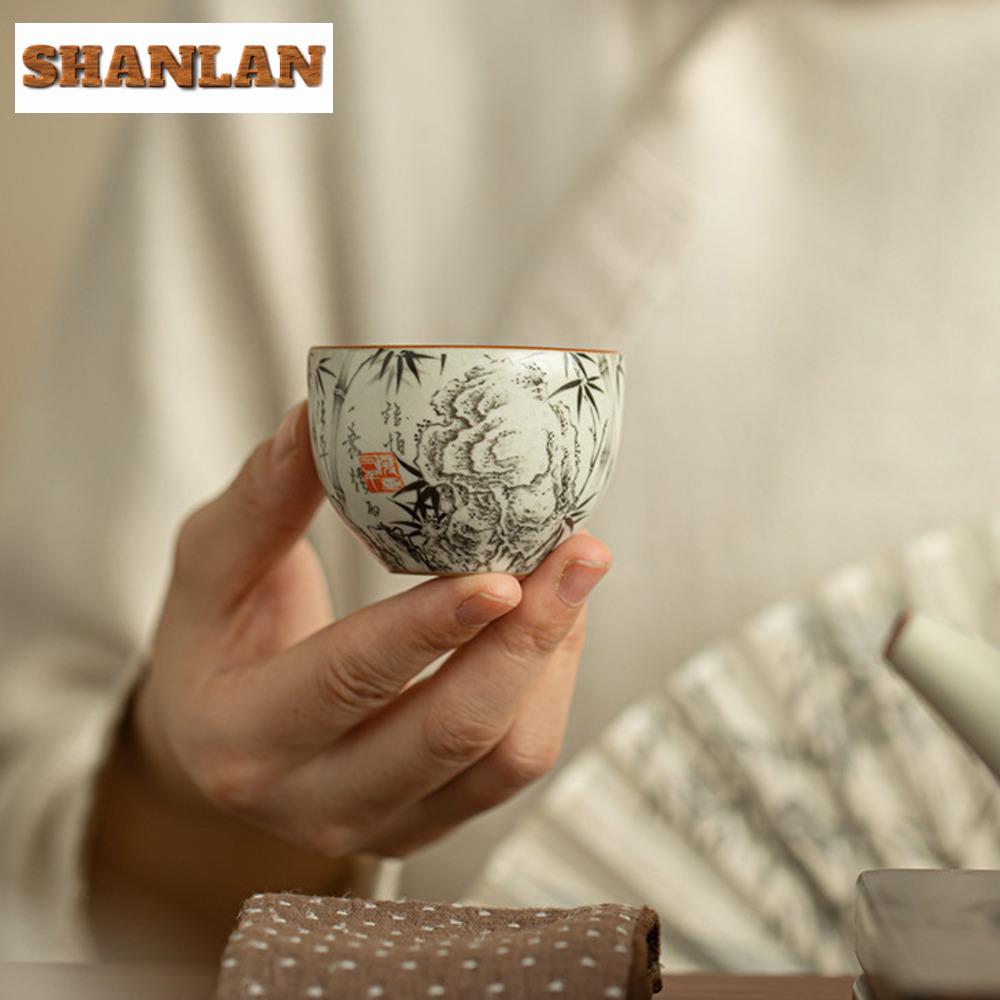 60ml Ru Kiln Ink Bamboo Tea Cup Boutique Gracked Glaze Master Cup Small Tasting Mug Tea Bowl Tea Pair Meditation Cup Teaware 1pc