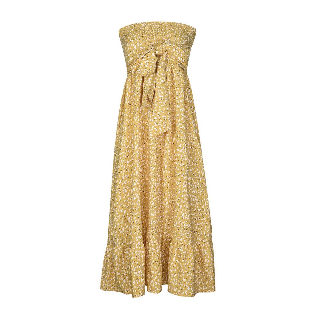 Women's Fashion Bohemian Floral Off-The-Shoulder Strapless Pleat Top Holloway Beach Holiday Dress