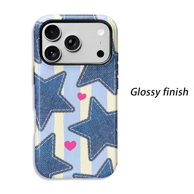 Cute Denim Jean Star Heart Striped Pattern Art Film Aesthetic Protective Shockproof Bumper Phone Case Cover For iPhone 14 15 16 Pro Max Plus