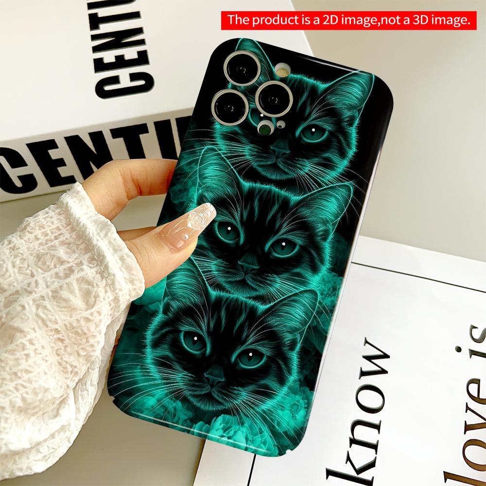 2DFlat Neon Teal Cat Faces with Floral Glow All inclusive film hard phone case, compatible with iPhone 18 Pro Max 17 16 15 14 13 12 11