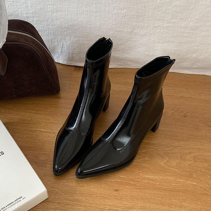 Fashion Female Pointed Toe Modern Women Ankle Boots With Zippers Shoes Square Heels Fashion Elastic Ladies Stretch Boots Shoes