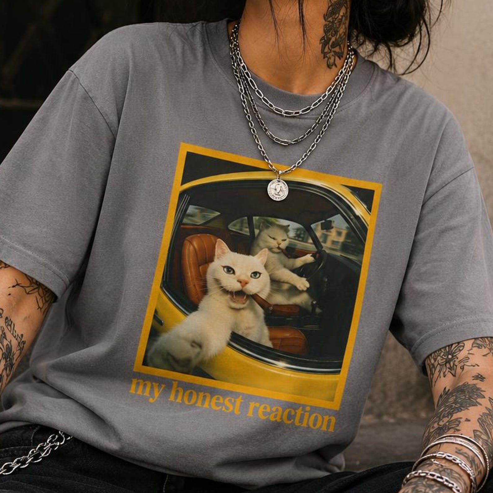 My Honest Reaction Cat Meme T-Shirt | Funny Retro Driving Cats Graphic Tee S