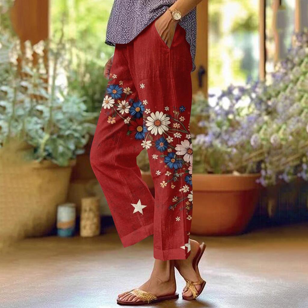 Dámské ležérní módní potištěné kalhoty s rovnými nohavicemi s kapsami