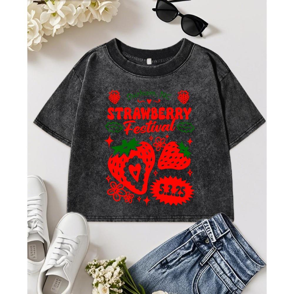 Strawberry Festival Fruits Printed Womens Washed T-Shirt Casual Cotton Tops Slim Fashion T Shirts Fitness