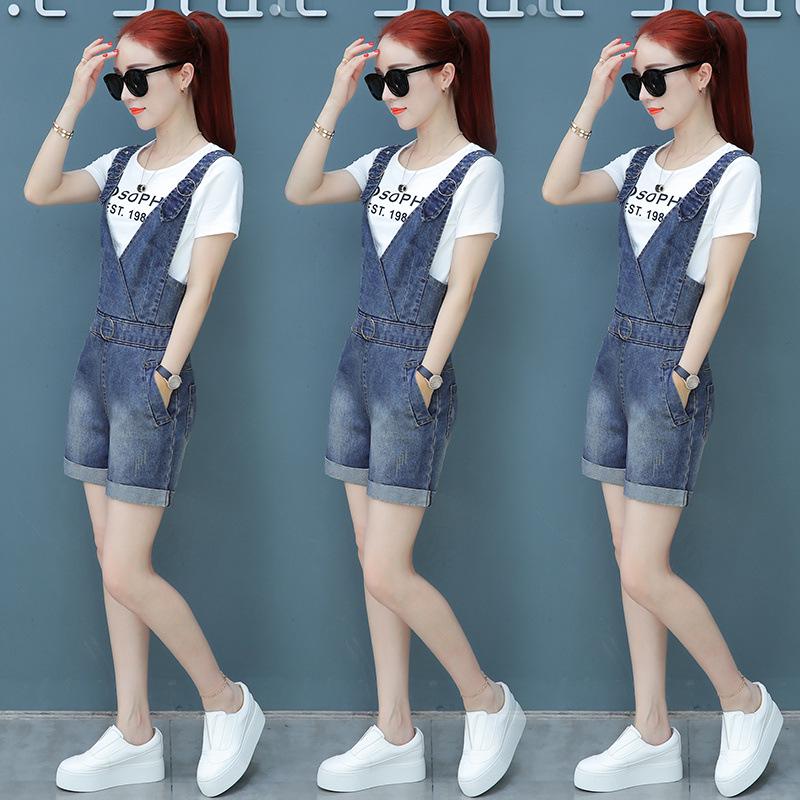 Damen Sommer Chic Zweiteiler Set 2025: Denim Latzhose mit Trägern & Kurzarm-T-Shirt, Trendiger Koreanischer Stil