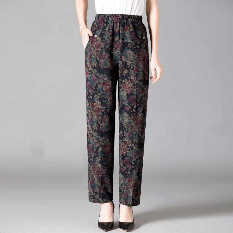 

Большие размеры Брюки для женщин среднего возраста Принт Эластичная высокая талия Повседневные брюки Прямые брюки Оверсайз Бабушка 7XL