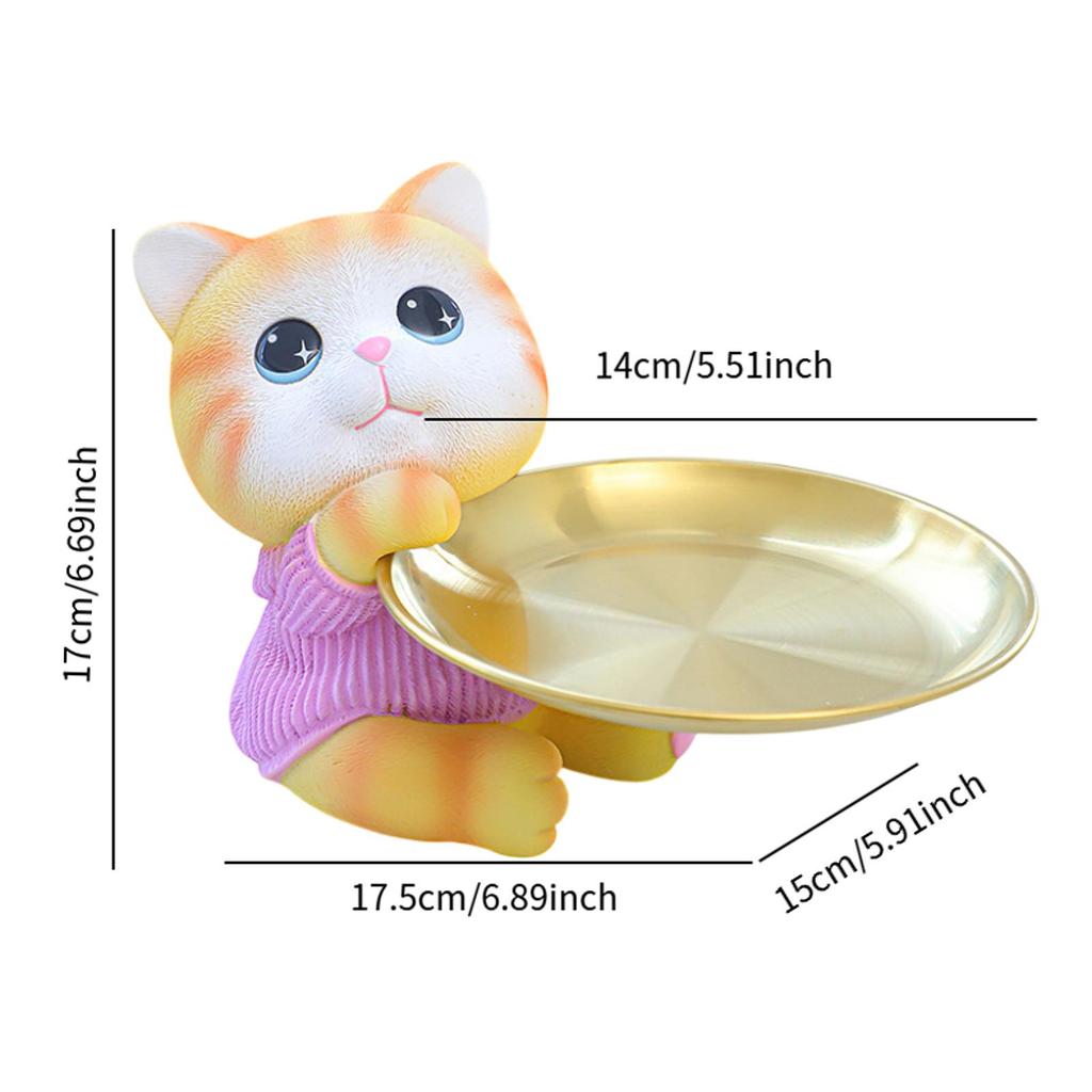 Lucky Cat Statue Jewelry Tray Cute Resin Cat Storage Tray Tabletop Organizer for Home Bookshelf Living Room Cabinet Bedroom