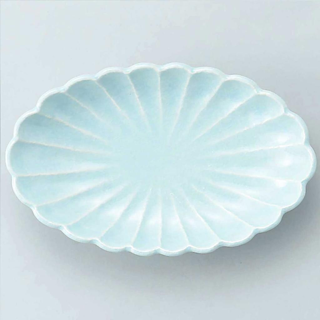 Utsuwa Roan Seto Ware Oval Plate, 7 Inches (approx. 22 X 12 Cm), Chrysanthemum Design, Sky Blue, Made In Japan
