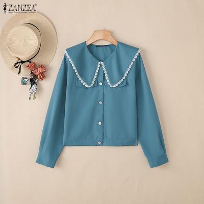 Blusa feminina casual gola de boneca solta manga comprida