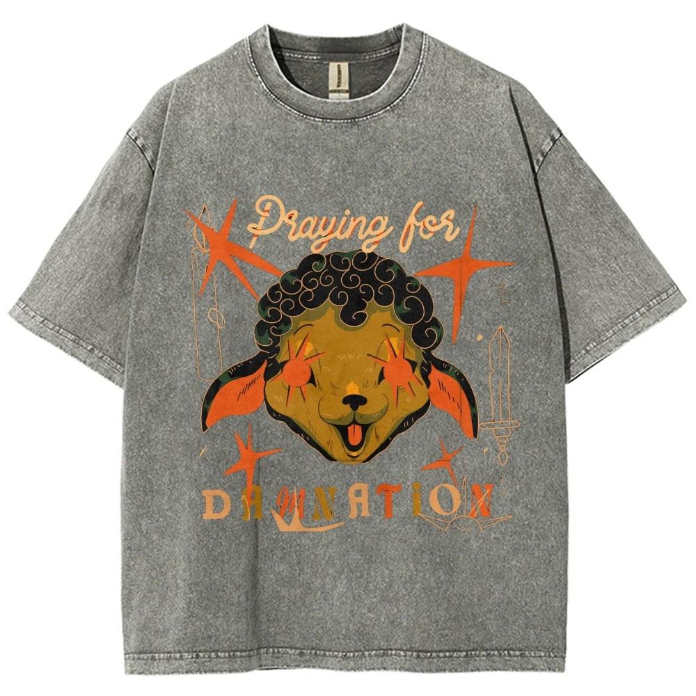 Cool Devil Sheep T Shirts Unisex Washed Tees Men Women Oversized Short Sleeve T-shirt Cotton Streetwear Graphic T Shirt