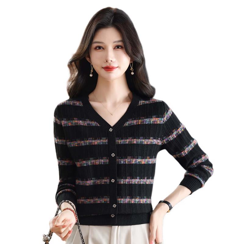 ROMON Women's V-Neck Striped Knit Cardigan