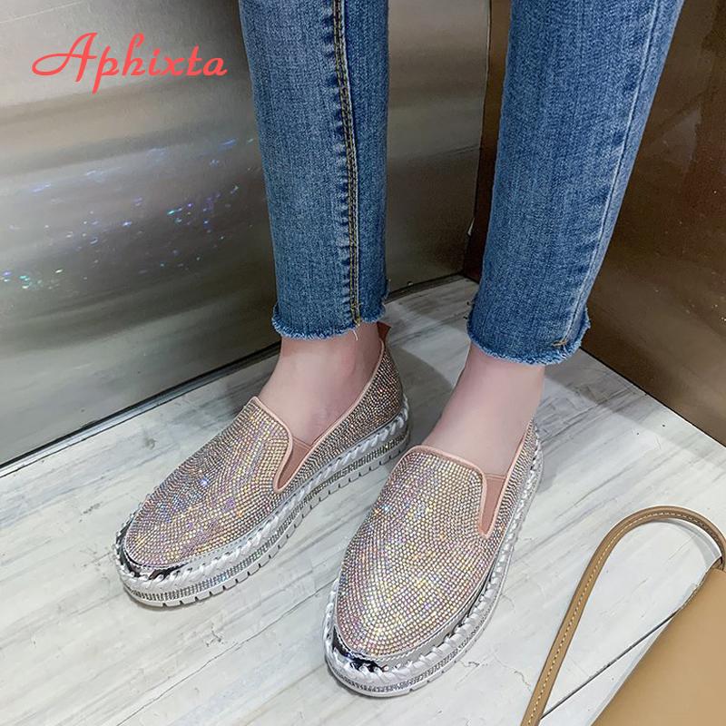 Fashion Aphixta Luxury Crystals Flats Women Slip On Red Pink Khaki Women Sexy Platform Casual Women Shoes Flats Female Rhinestone Loafer